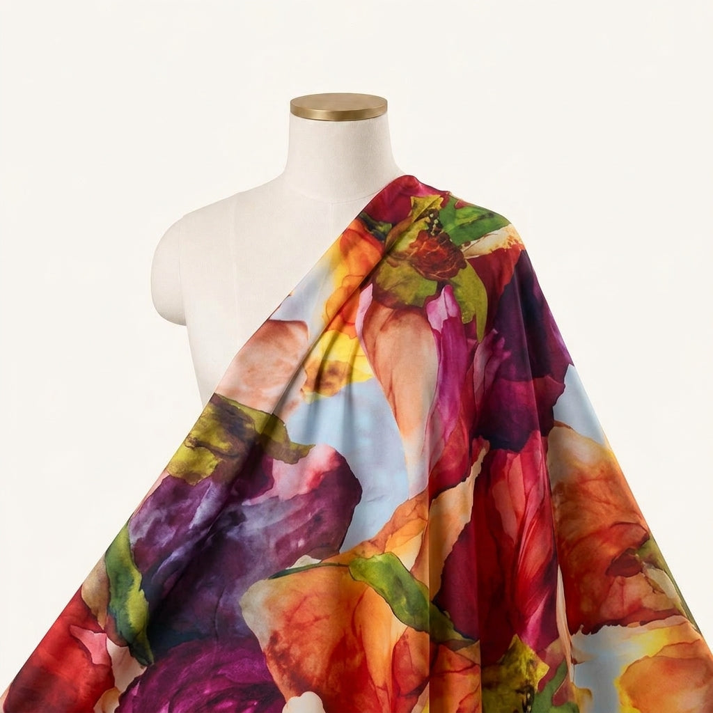 Floral White Floral Satin Fabric Draped as a saree