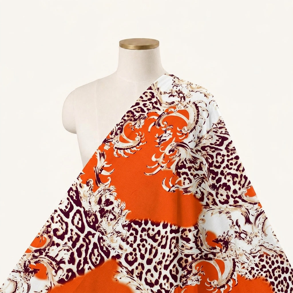 Animal Print Orange Animal Print Satin Fabric Draped as a saree