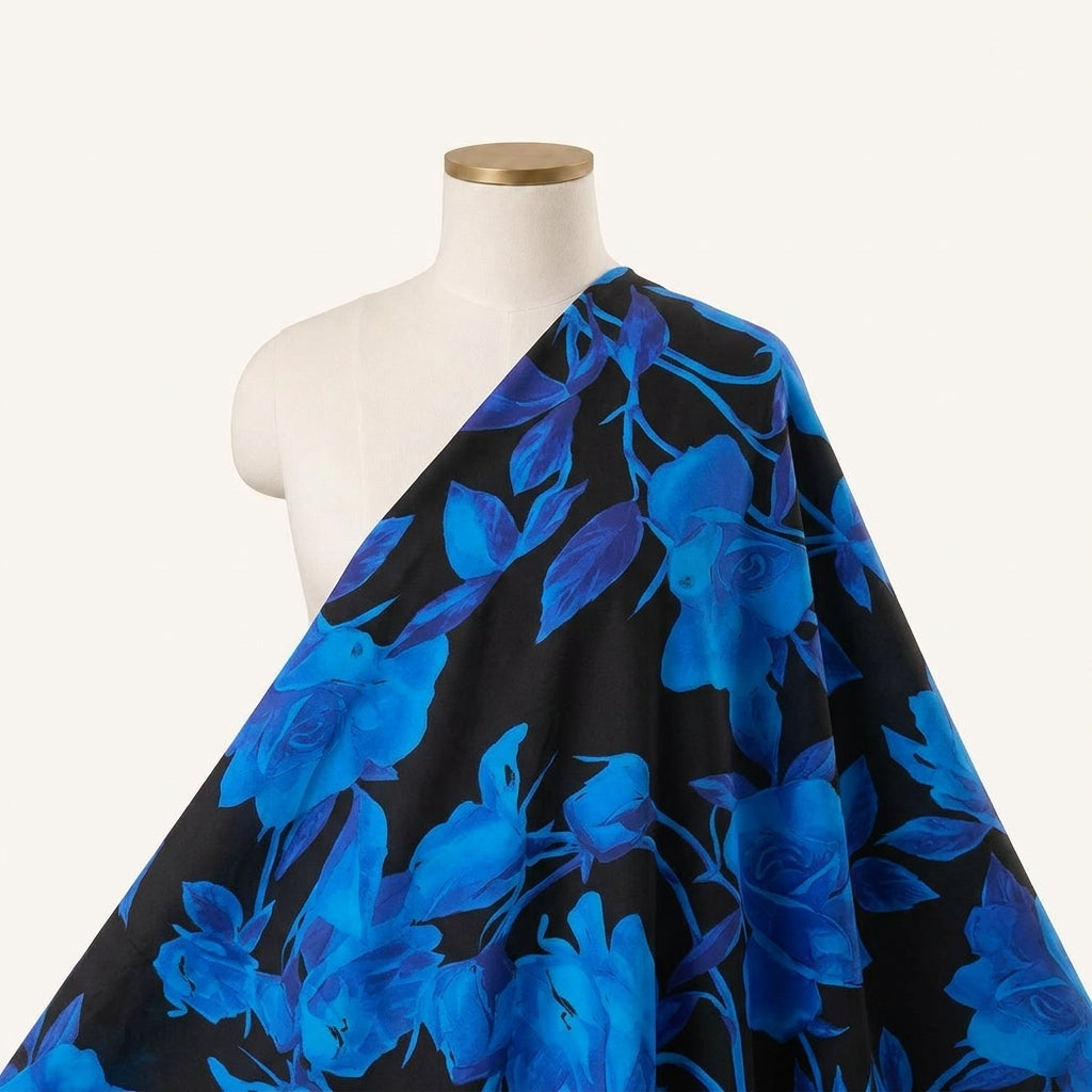 Floral Black Floral Satin Fabric Draped as a saree
