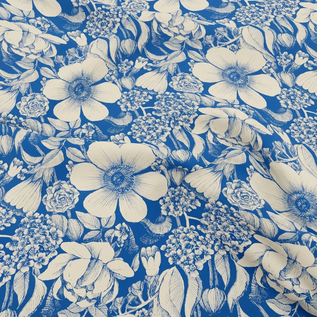 Swirled Floral Blue Floral Satin Fabric