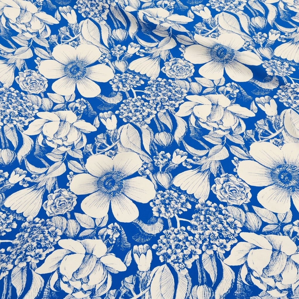 Folded Floral Blue Floral Satin Fabric
