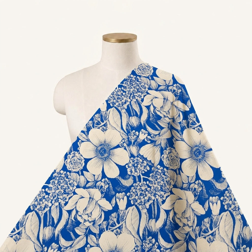 Floral Blue Floral Satin Fabric Draped as a saree