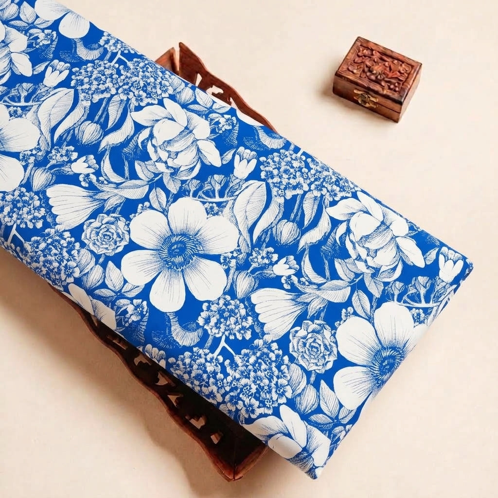 Folded Blue Floral Satin Fabric Highlighting Modal and Texture