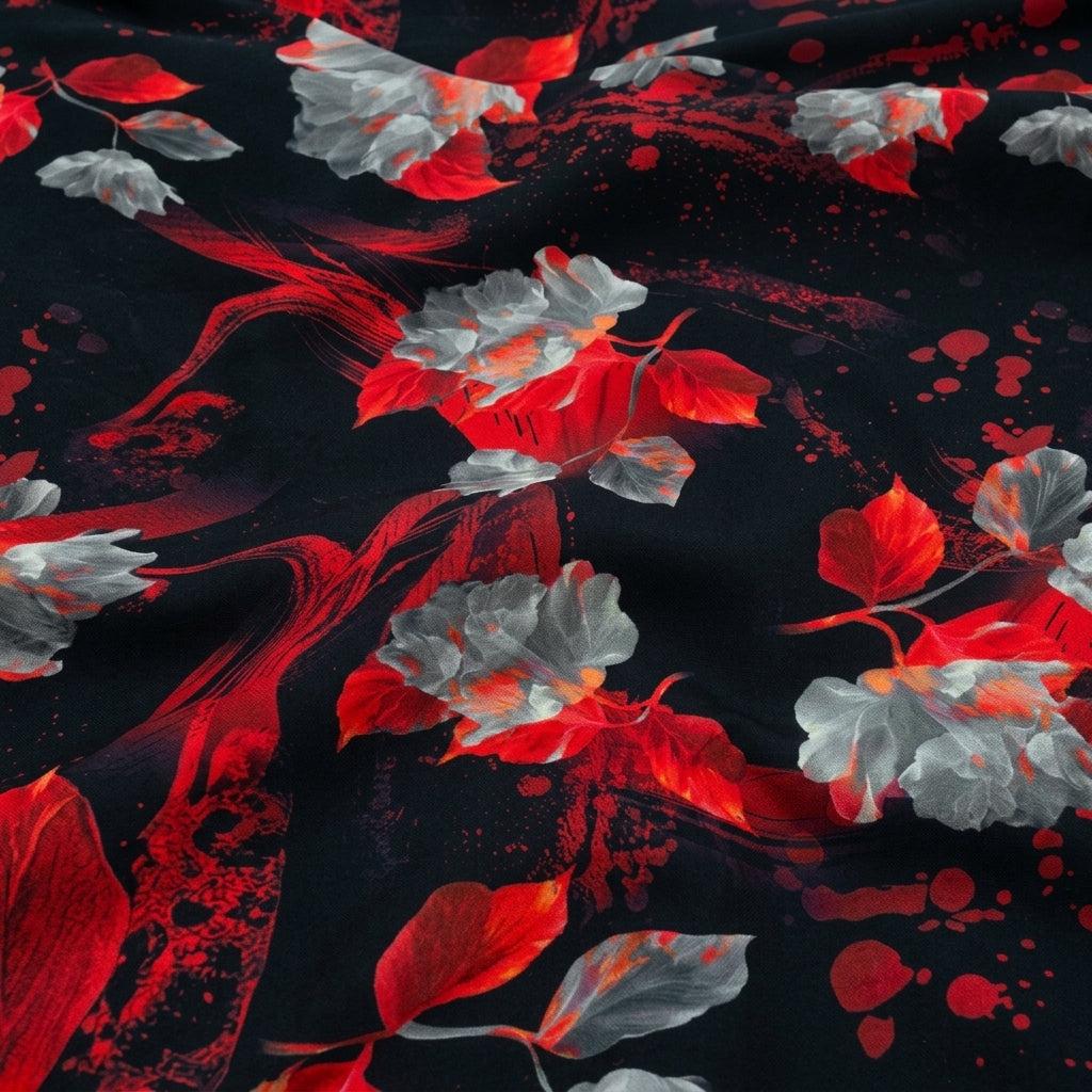 Swirled Floral Black Floral Satin Fabric