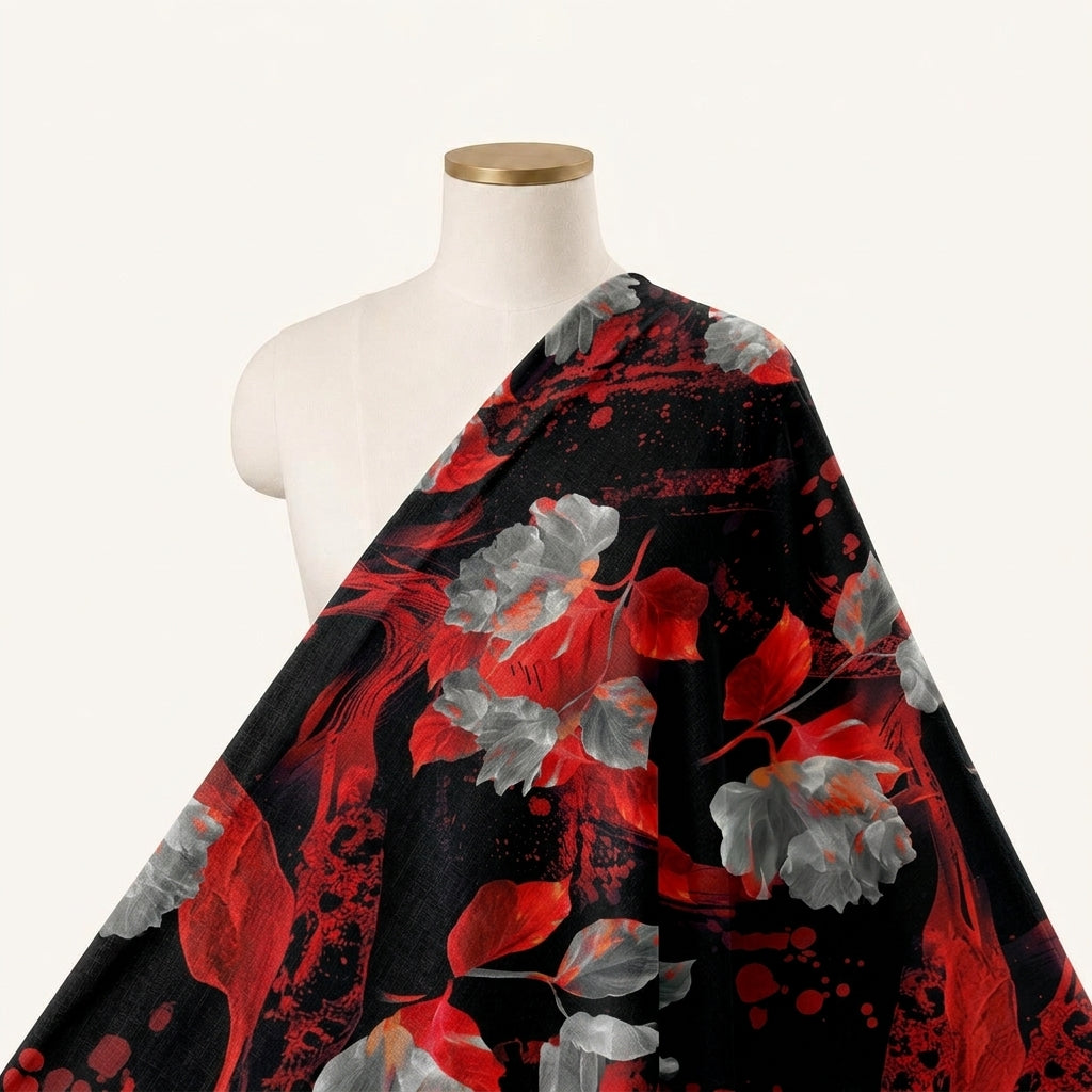 Floral Black Floral Satin Fabric Draped as a saree