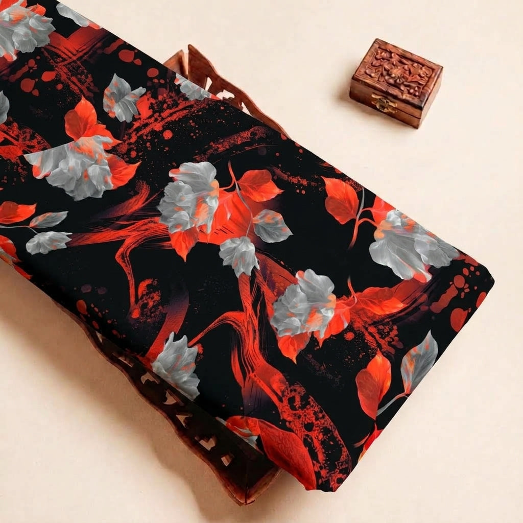 Folded Black Floral Satin Fabric Highlighting Modal and Texture