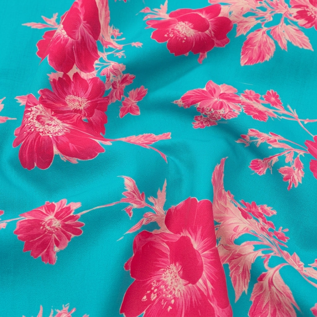 Swirled Floral Sea Blue Floral Satin Fabric