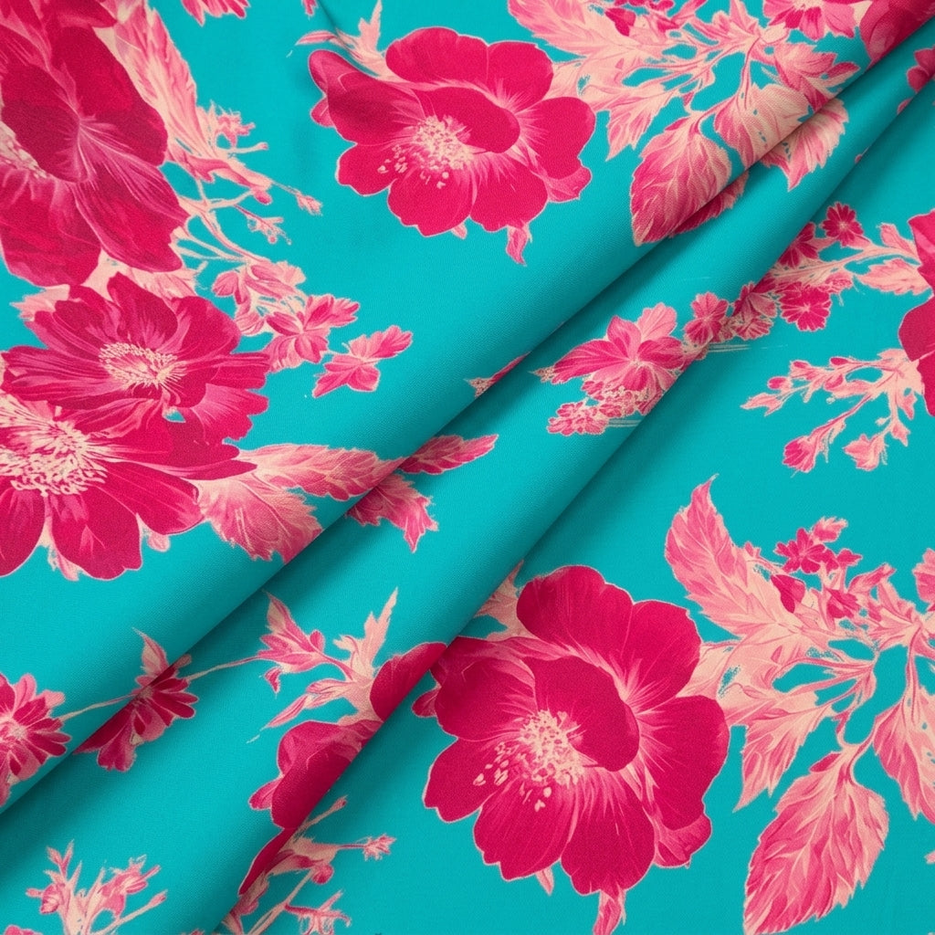 Folded Floral Sea Blue Floral Satin Fabric