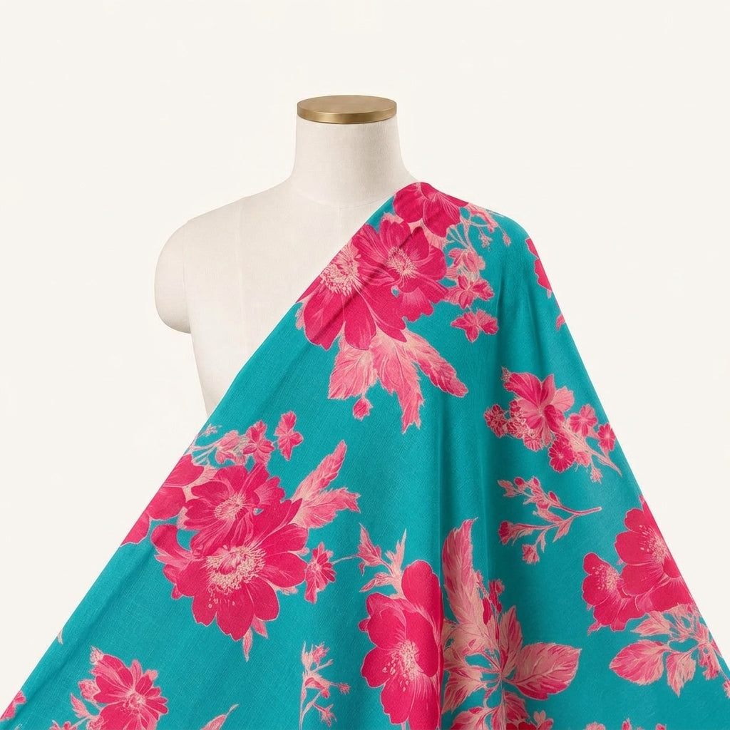 Floral Sea Blue Floral Satin Fabric Draped as a saree