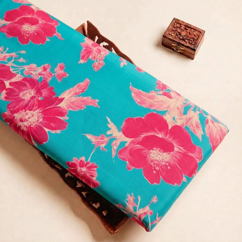 Folded Sea Blue Floral Satin Fabric Highlighting Modal and Texture