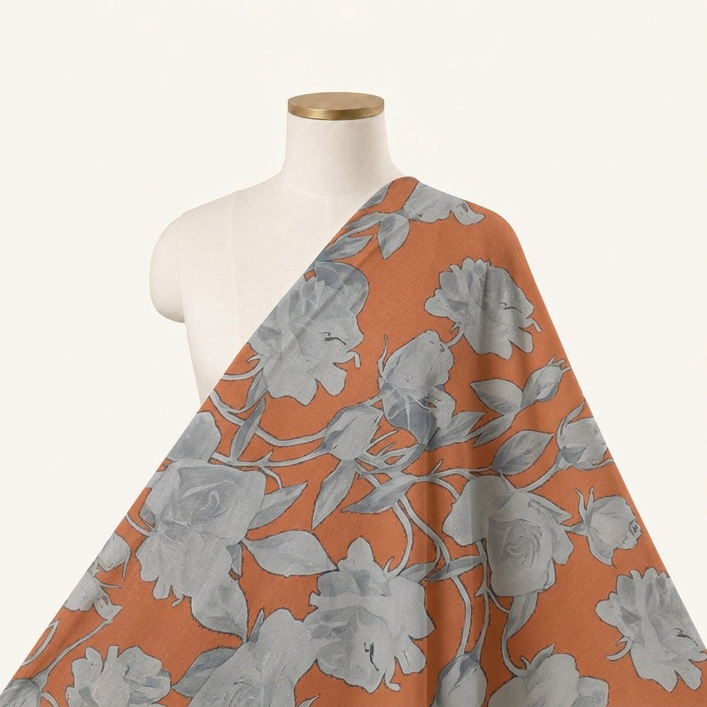 Floral Brown Floral Satin Fabric Draped as a saree