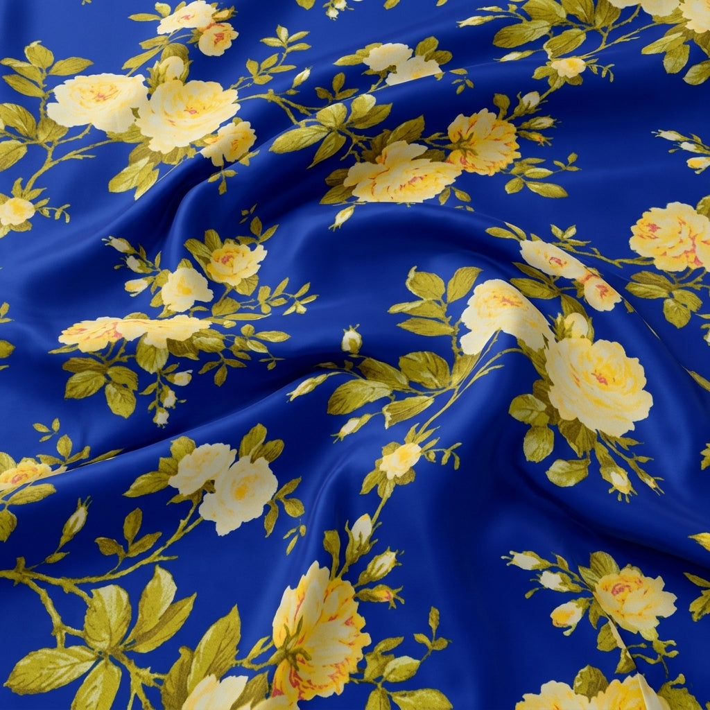 Swirled Floral Blue Floral Satin Fabric