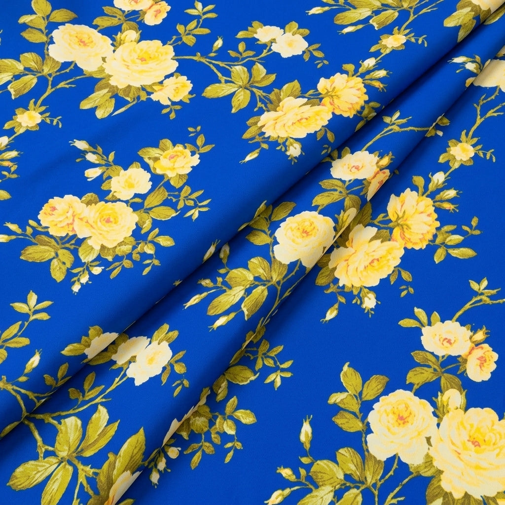 Folded Floral Blue Floral Satin Fabric
