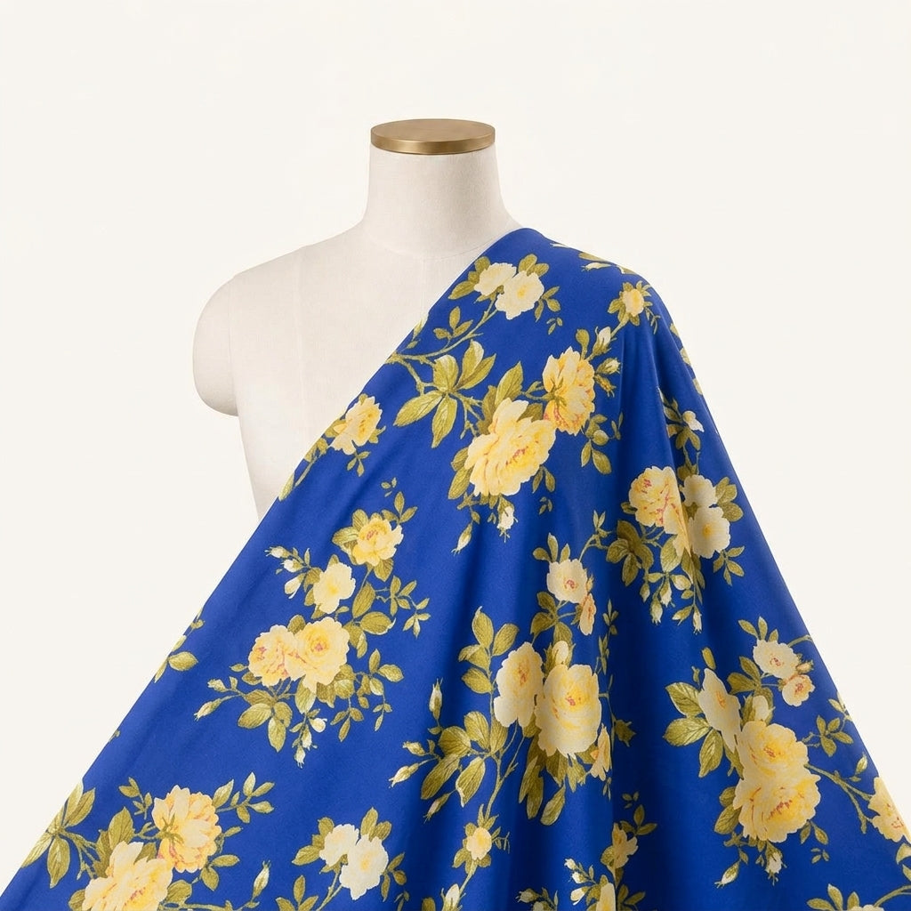 Floral Blue Floral Satin Fabric Draped as a saree