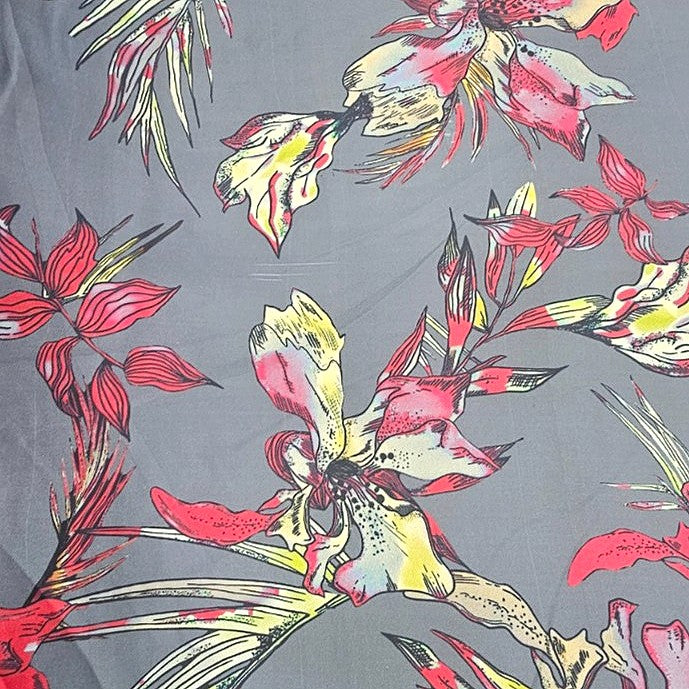 Grey Floral Satin Fabric - EB13644 - EB13644 - Flat fabric
