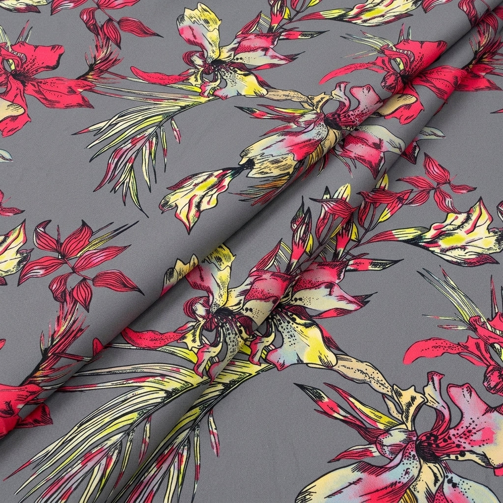 Folded Floral Grey Floral Satin Fabric