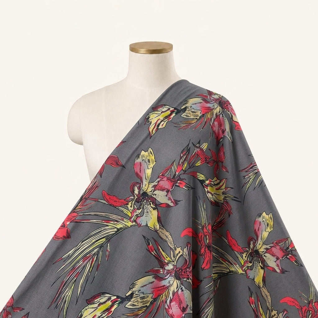 Floral Grey Floral Satin Fabric Draped as a saree