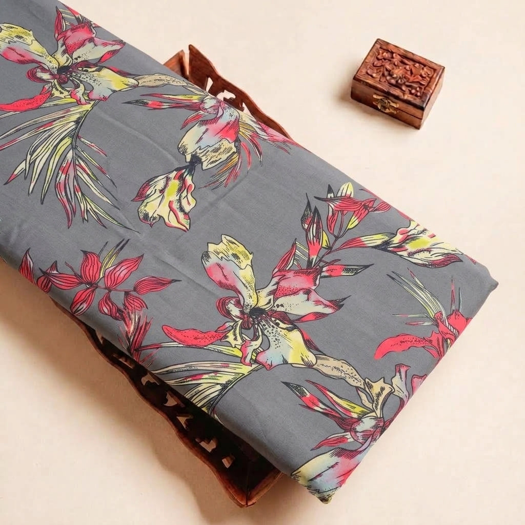 Folded Grey Floral Satin Fabric Highlighting Modal and Texture