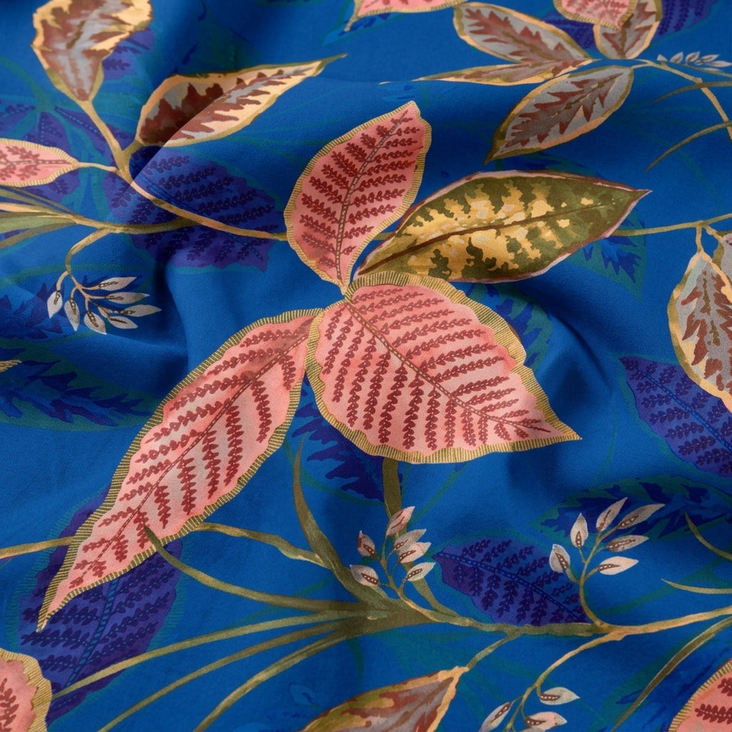 Swirled Leaf Blue Leaf Satin Fabric