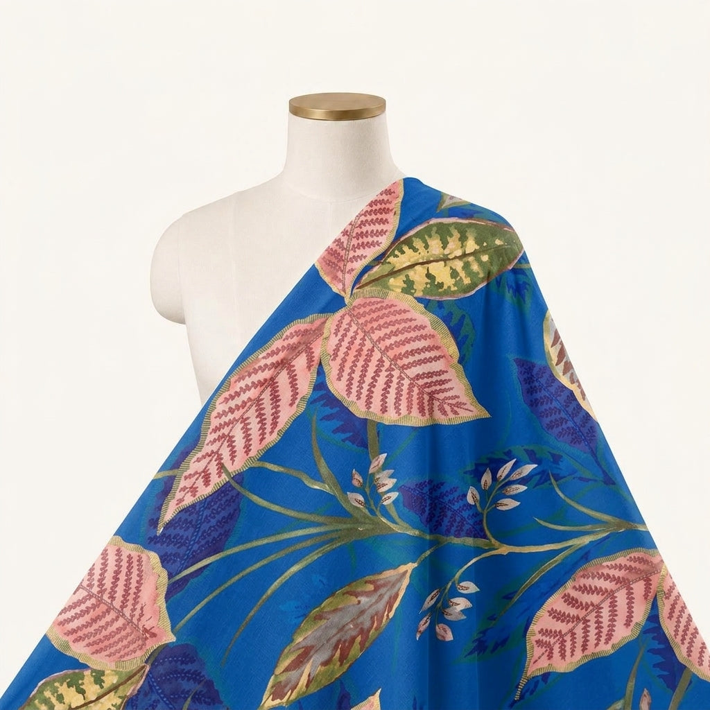 Leaf Blue Leaf Satin Fabric Draped as a saree
