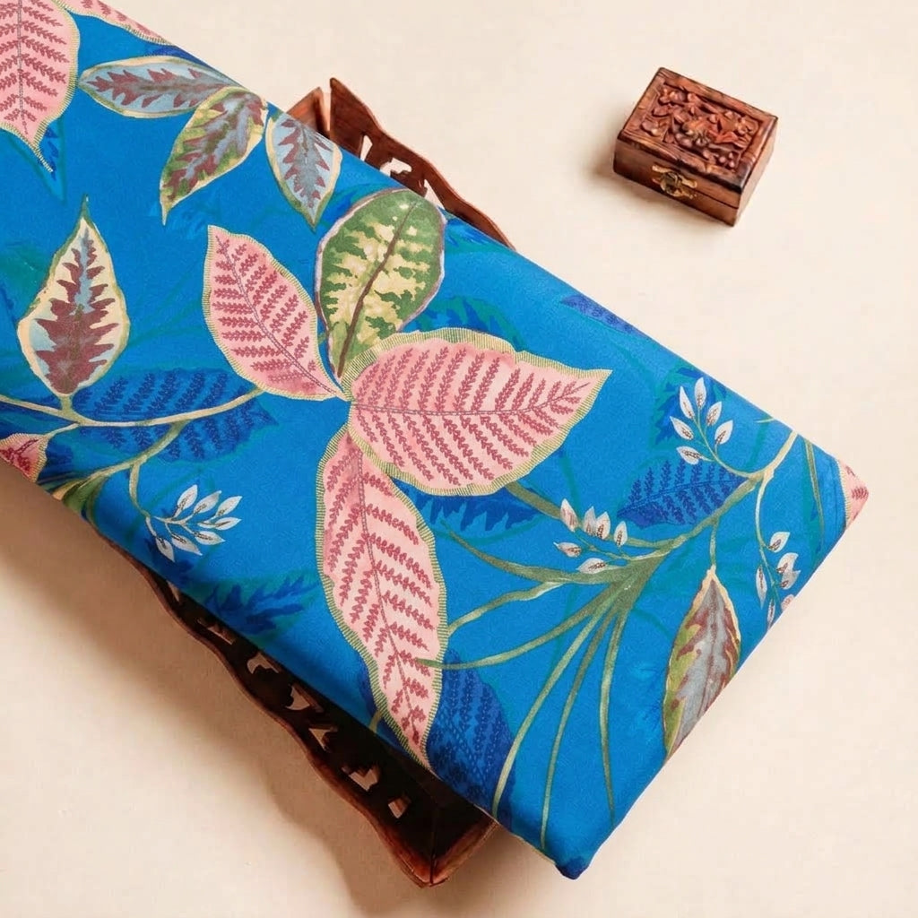 Folded Blue Leaf Satin Fabric Highlighting Modal and Texture