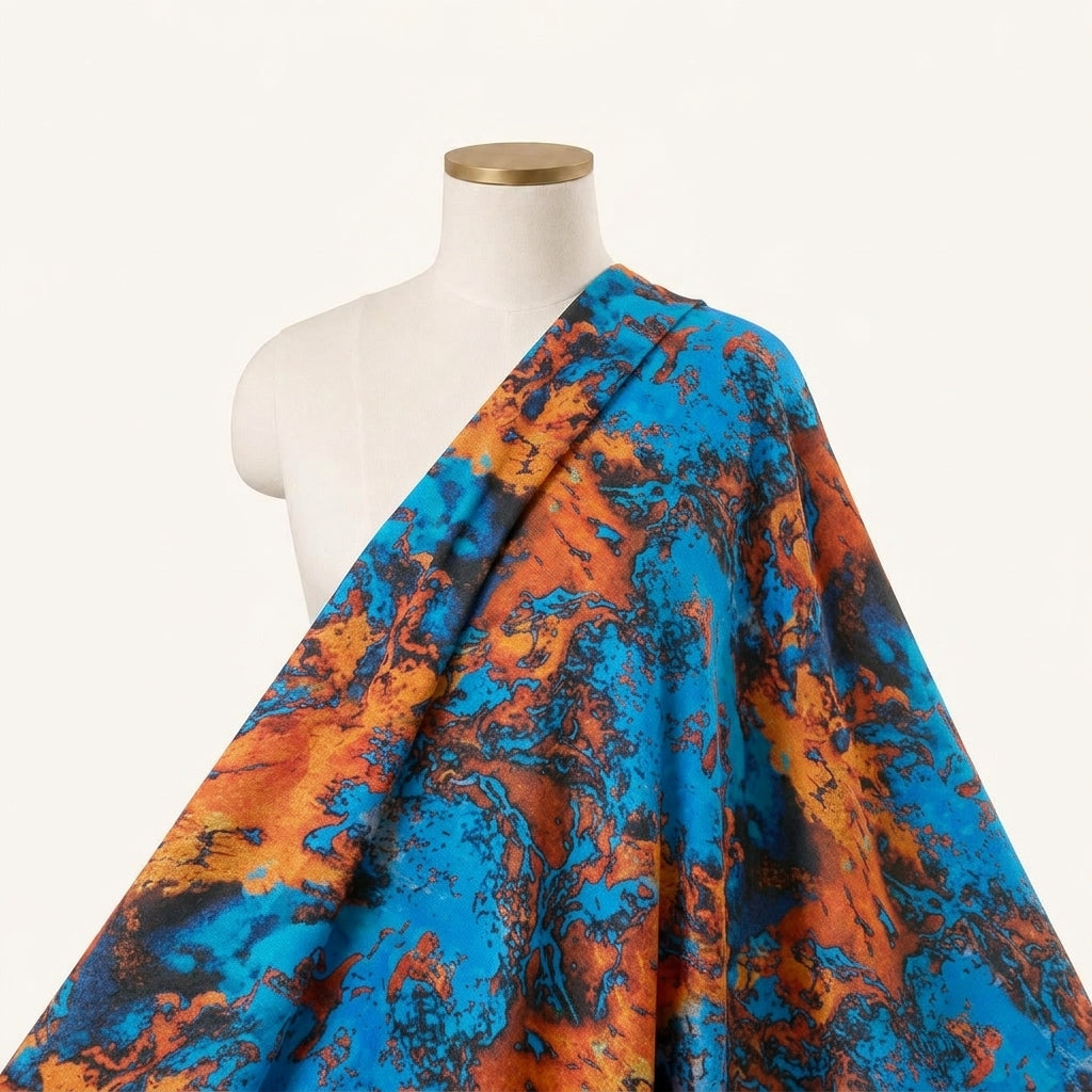 Abstract Blue Abstract Satin Fabric Draped as a saree