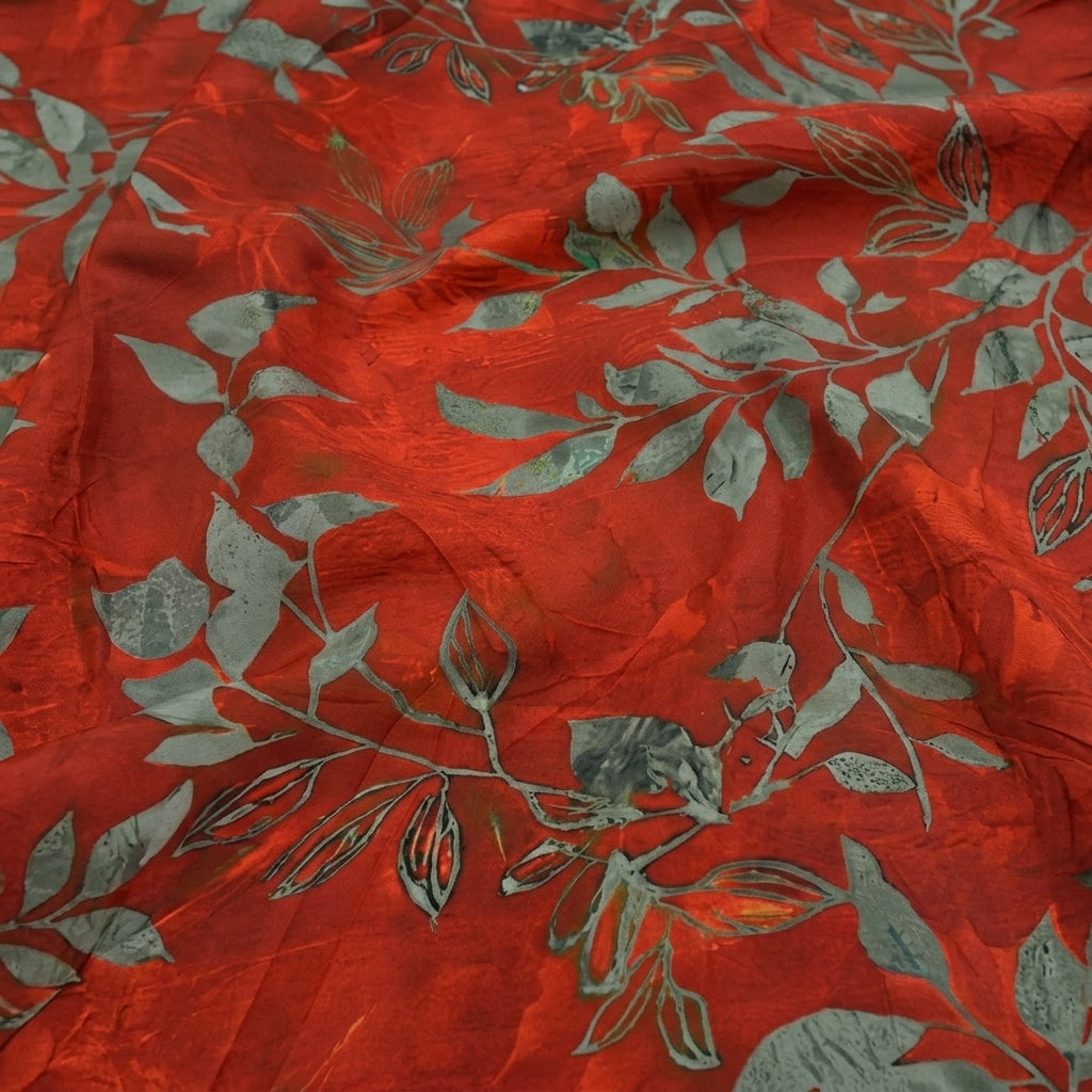Swirled Leaf Crimson Leaf Satin Fabric