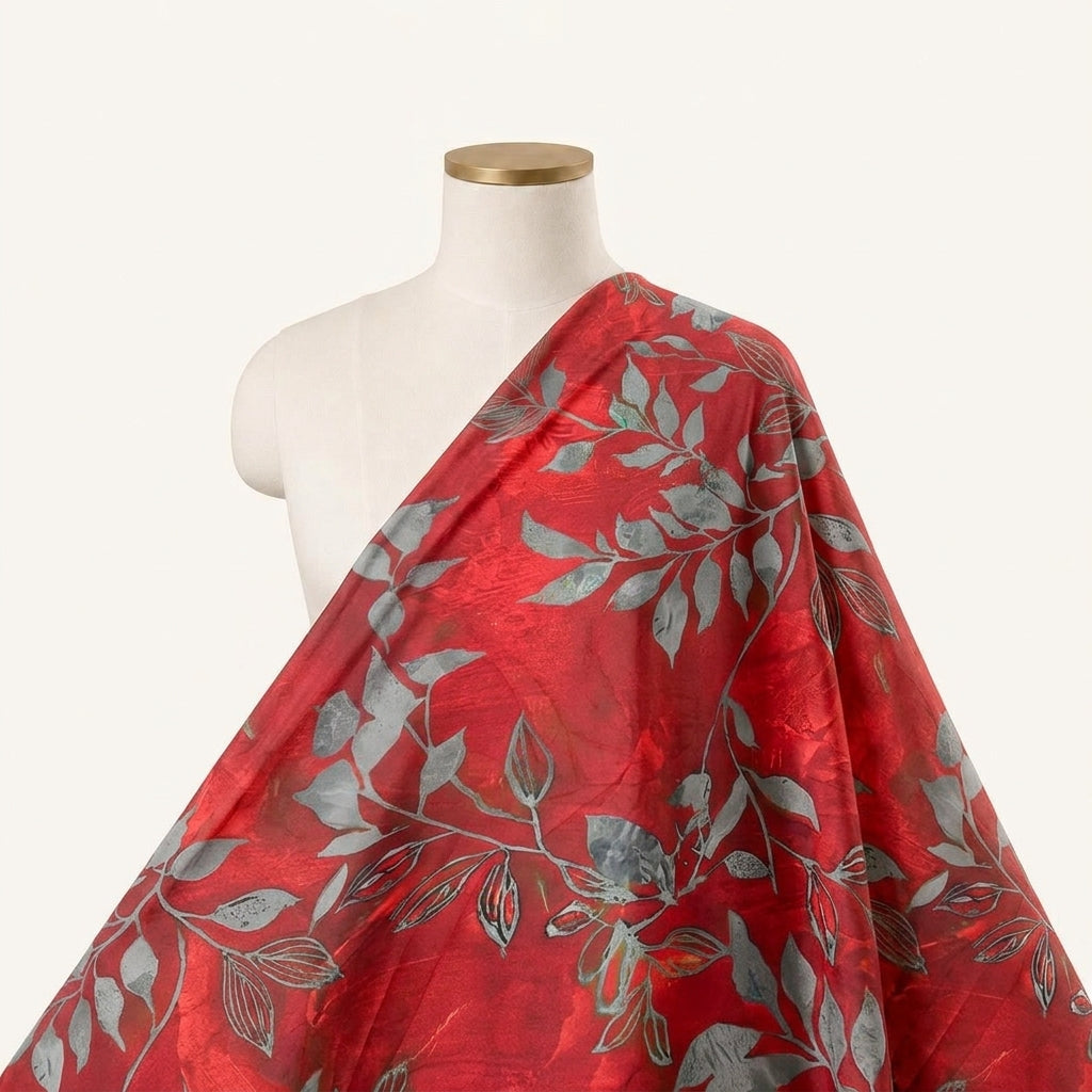 Leaf Crimson Leaf Satin Fabric Draped as a saree