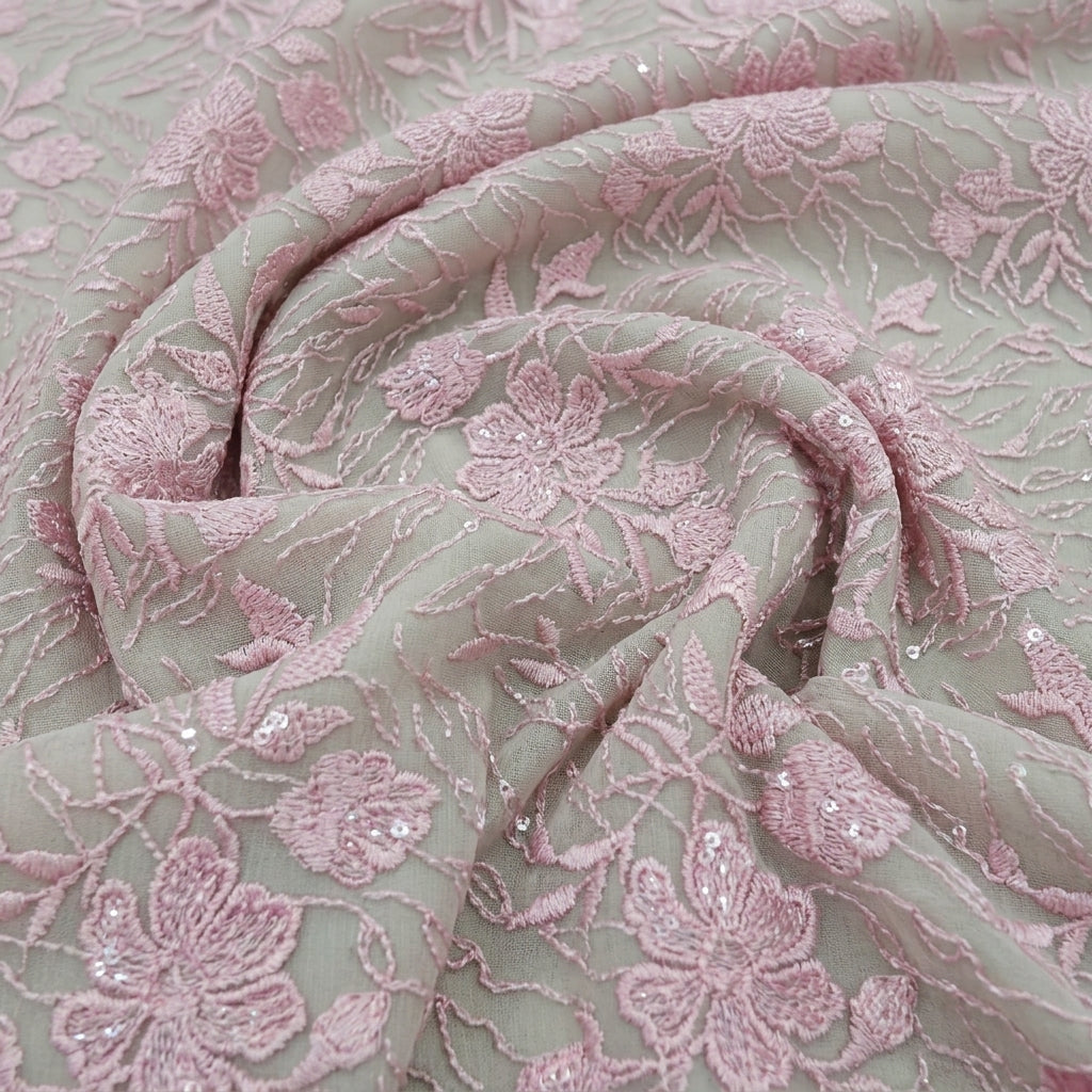 Swirled Embroidery Pink Embroidery Net Fabric