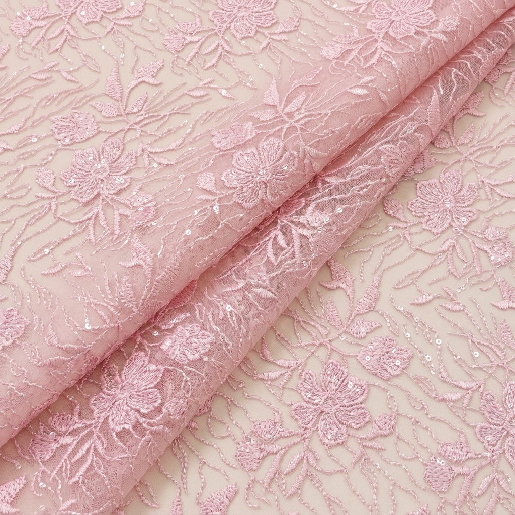 Folded Embroidery Pink Embroidery Net Fabric