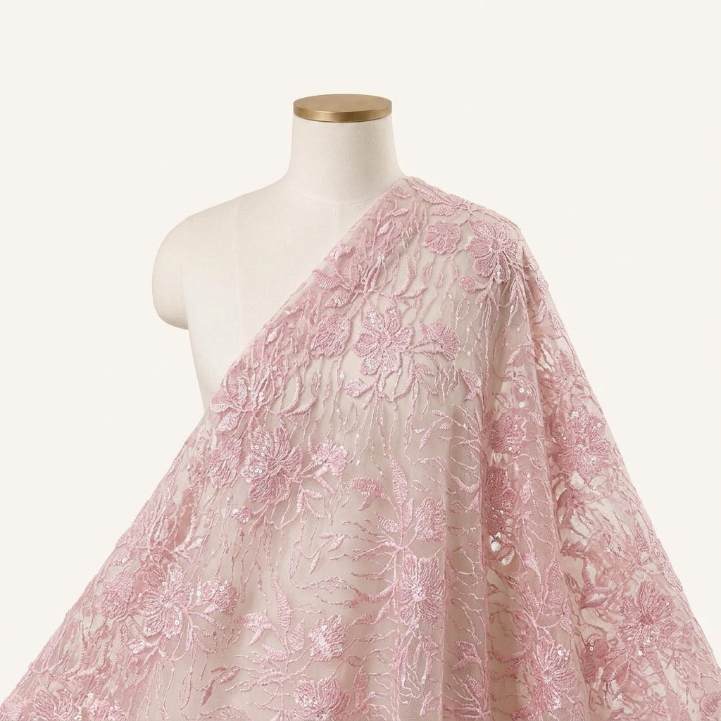 Embroidery Pink Embroidery Net Fabric Draped as a saree