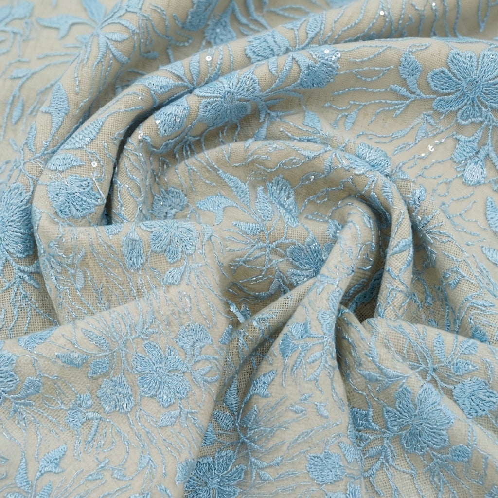Swirled Embroidery Blue Embroidery Net Fabric