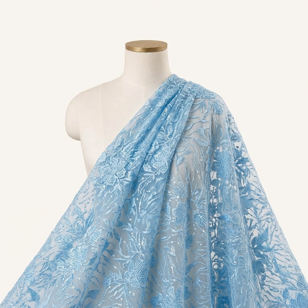 Embroidery Blue Embroidery Net Fabric Draped as a saree