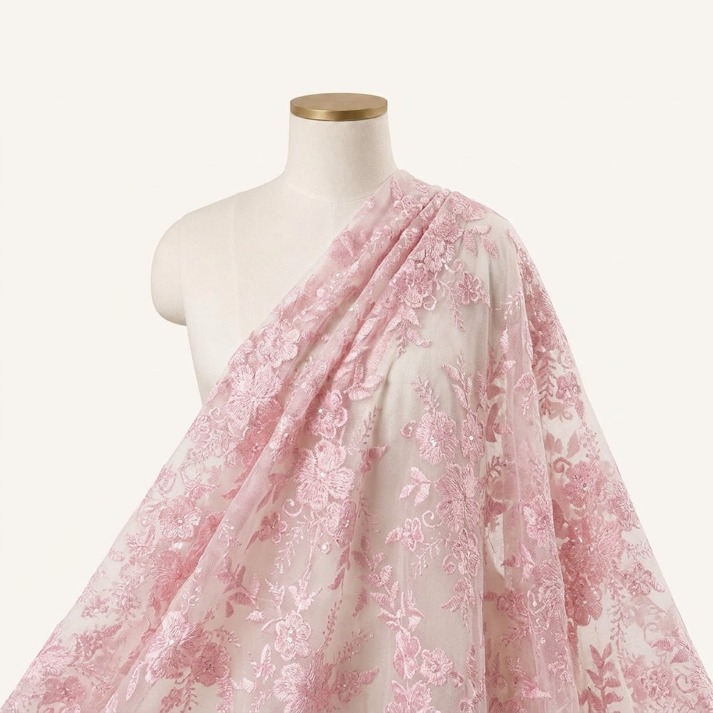 Embroidery Pink Embroidery Net Fabric Draped as a saree