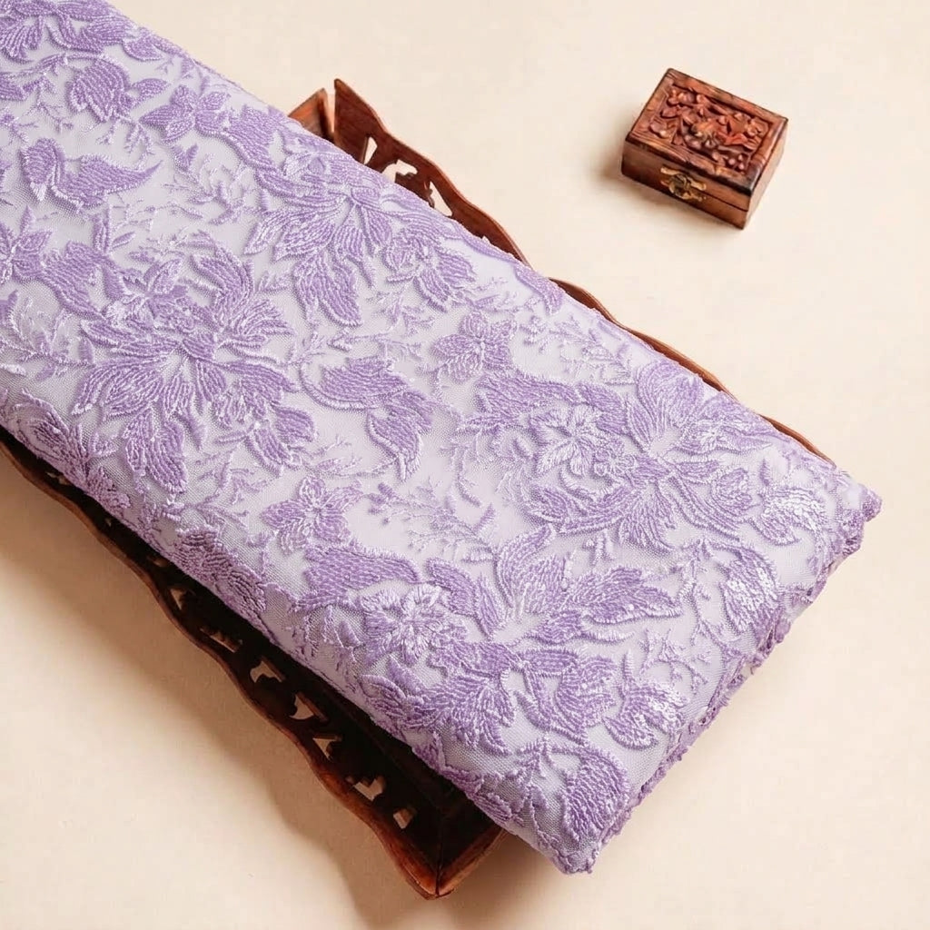 Folded Violet Embroidery Net Fabric Highlighting Sequin Floral Thread Work and Texture