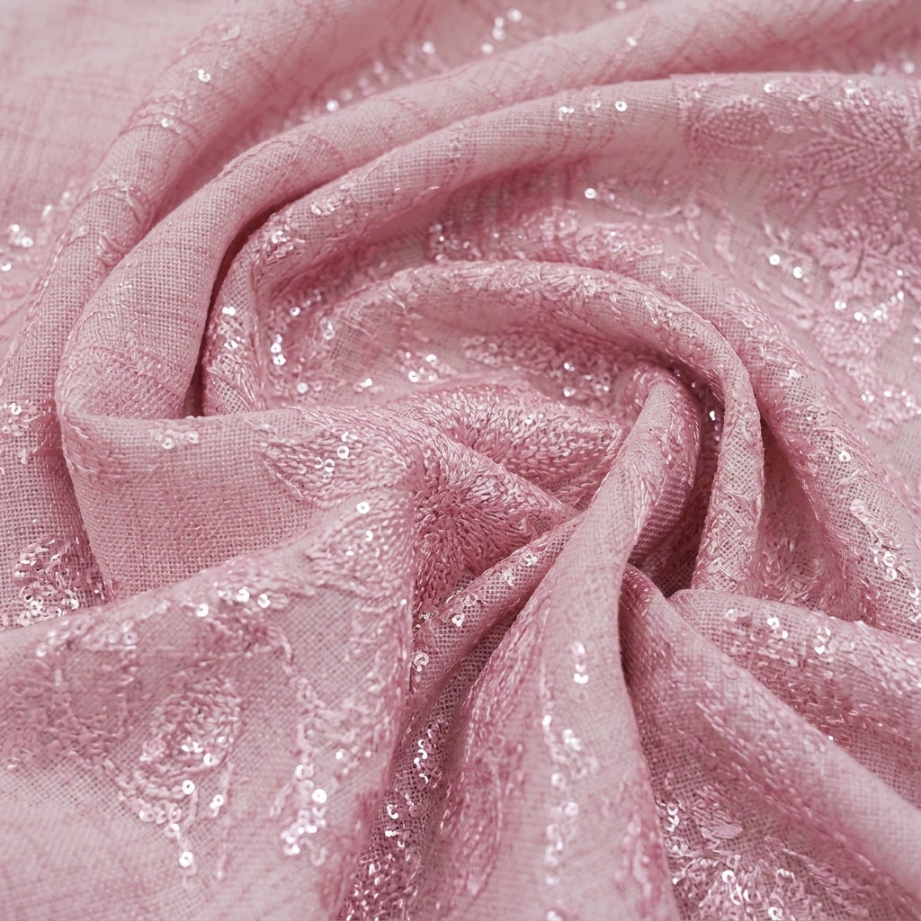 Swirled Embroidery Pink Embroidery Net Fabric
