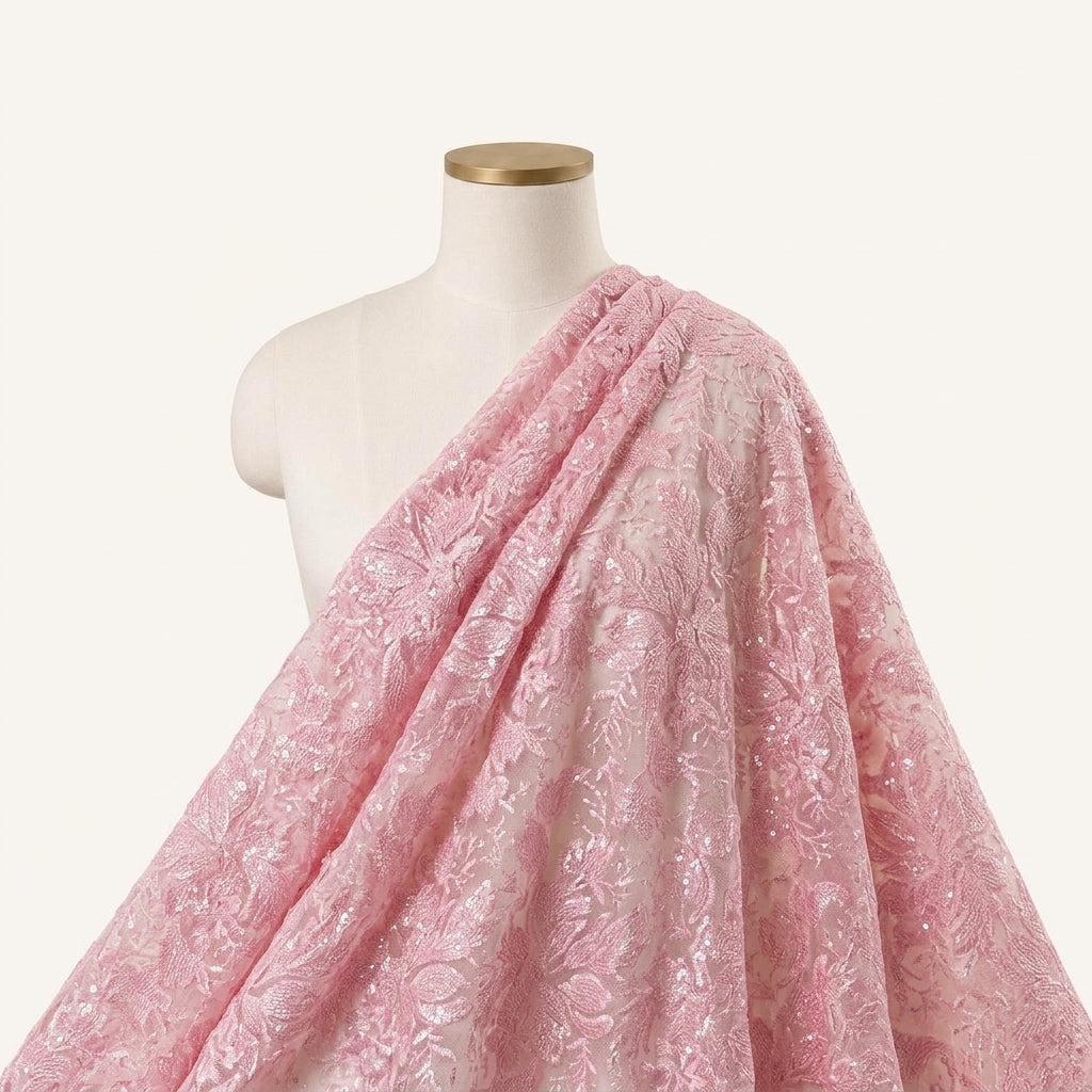 Embroidery Pink Embroidery Net Fabric Draped as a saree