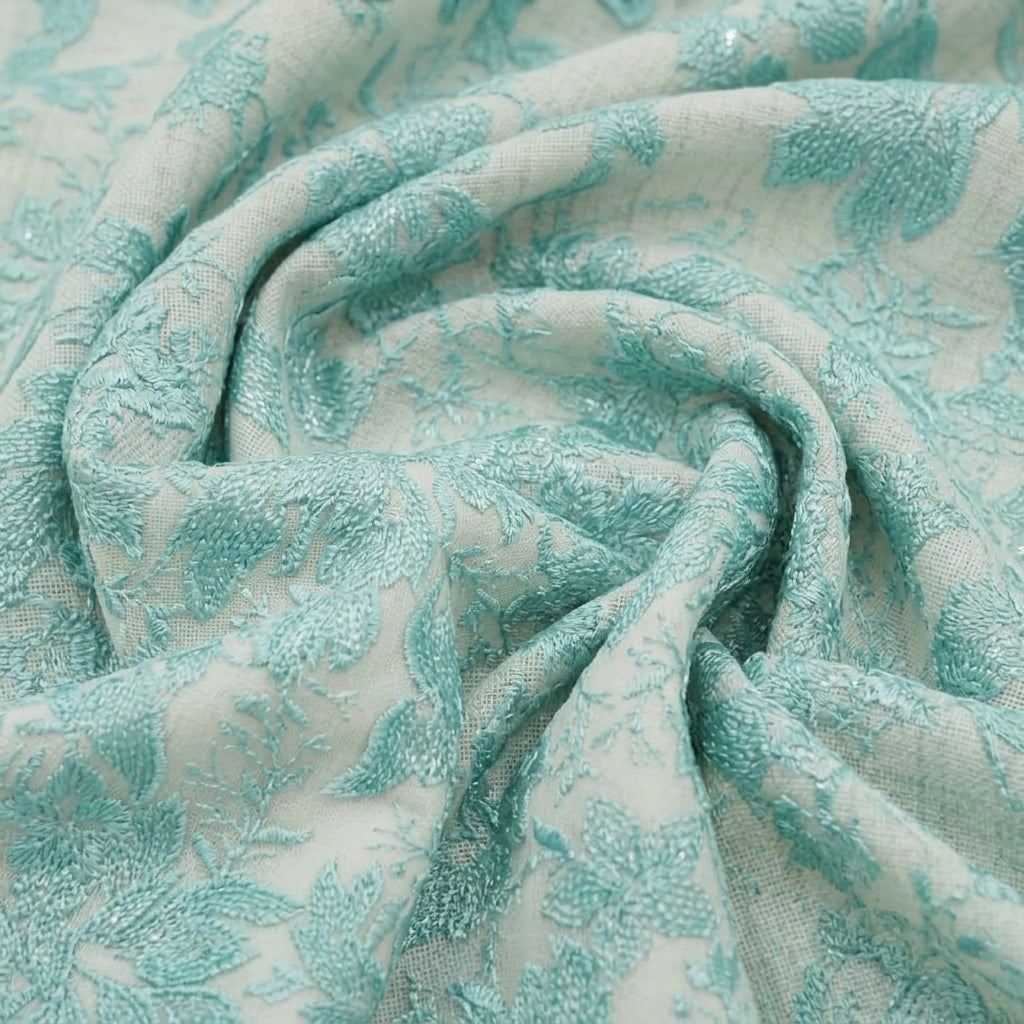 Swirled Embroidery Green Embroidery Net Fabric