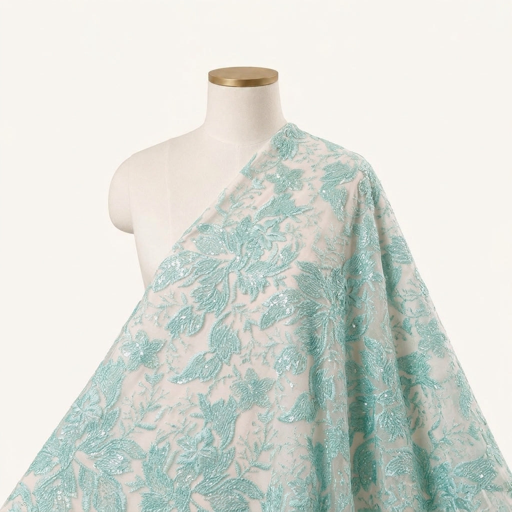 Embroidery Green Embroidery Net Fabric Draped as a saree