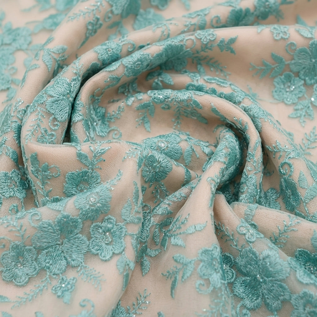 Swirled Embroidery Green Embroidery Net Fabric