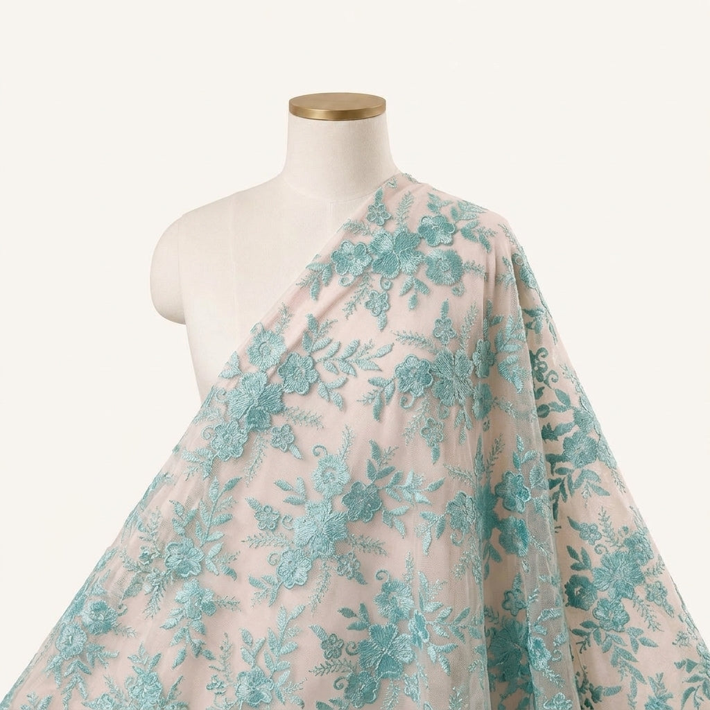 Embroidery Green Embroidery Net Fabric Draped as a saree