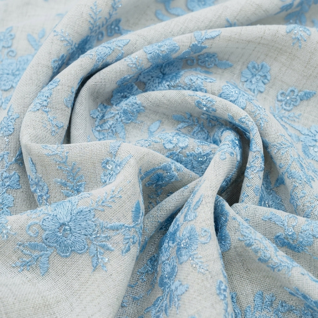 Swirled Embroidery Blue Embroidery Net Fabric