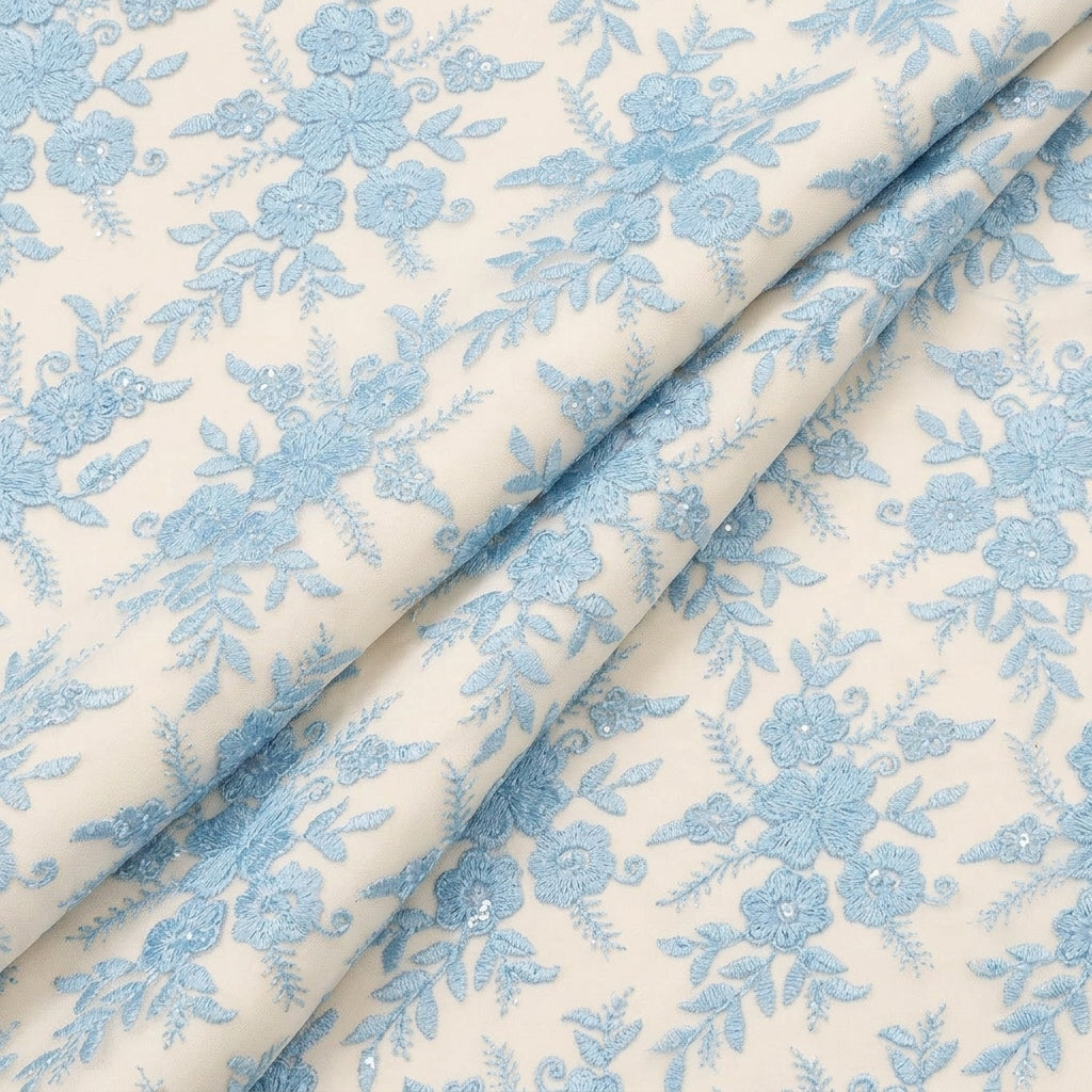 Folded Embroidery Blue Embroidery Net Fabric