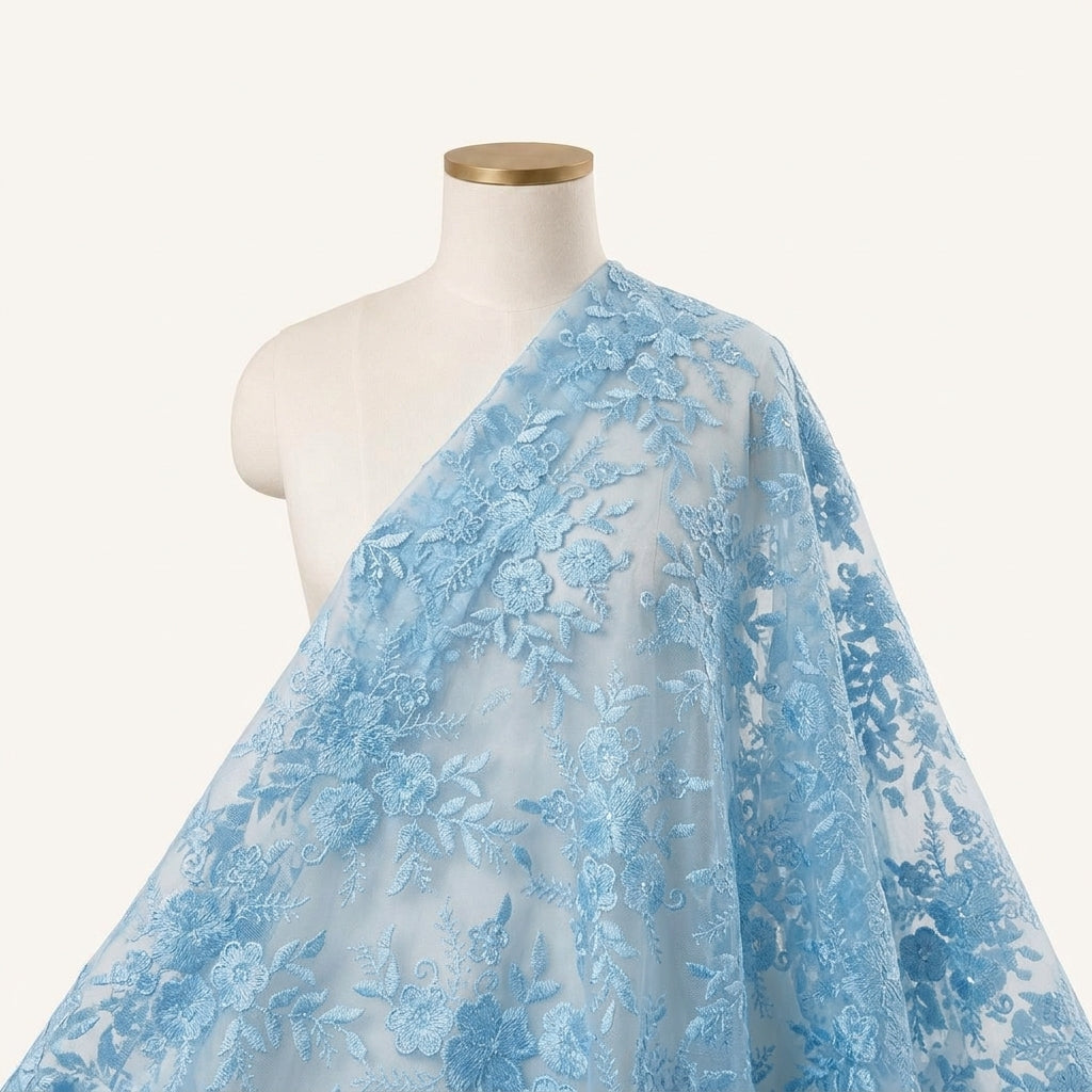 Embroidery Blue Embroidery Net Fabric Draped as a saree