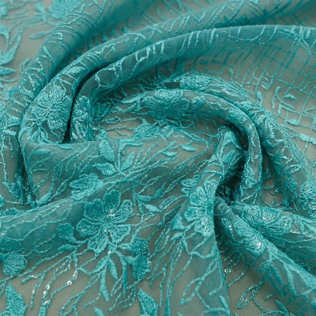 Swirled Embroidery Green Embroidery Net Fabric