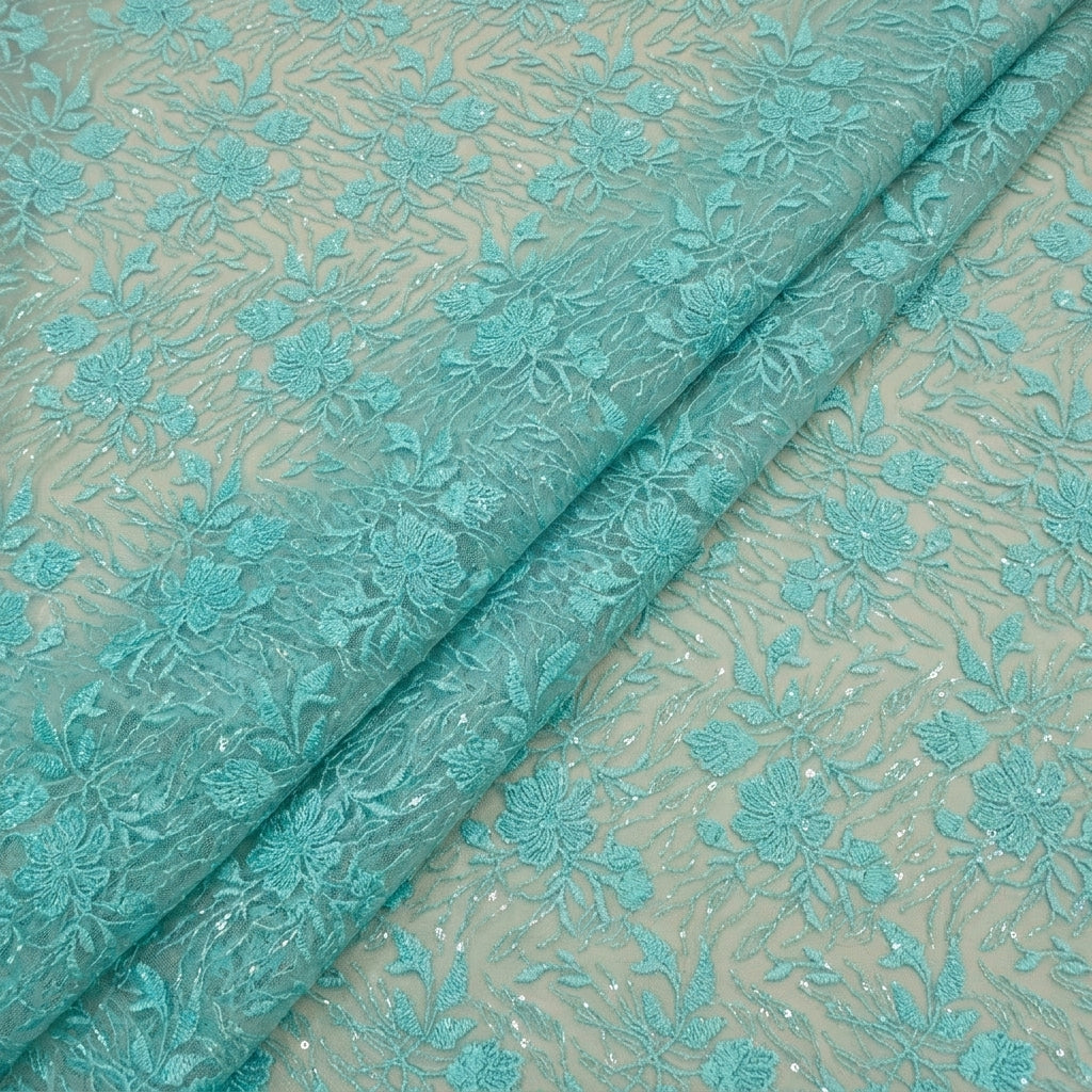Folded Embroidery Green Embroidery Net Fabric