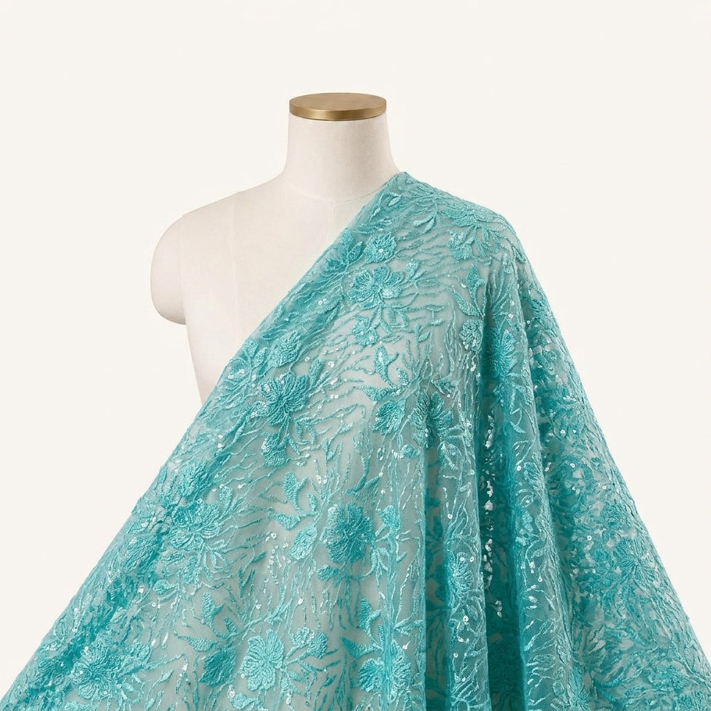 Embroidery Green Embroidery Net Fabric Draped as a saree