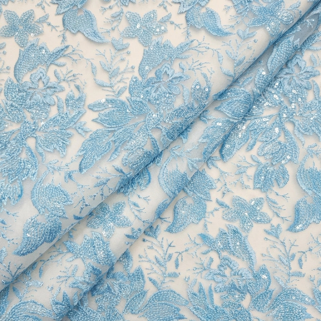 Folded Embroidery Blue Embroidery Net Fabric