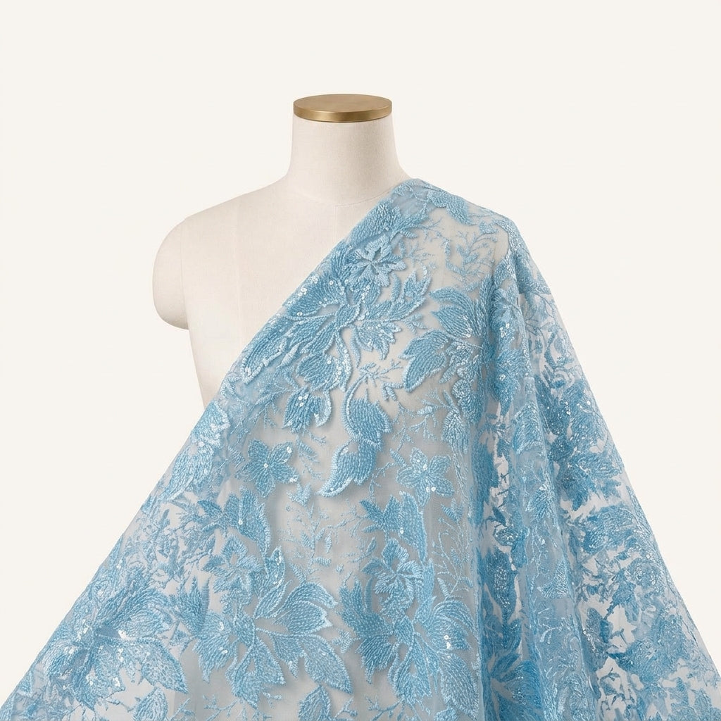Embroidery Blue Embroidery Net Fabric Draped as a saree