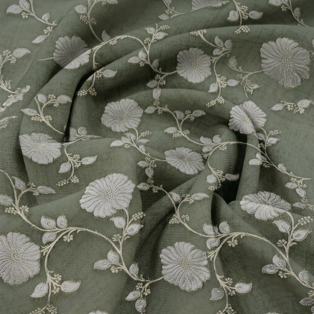 Swirled Embroidery Green Embroidery Semi Banaras Fabric